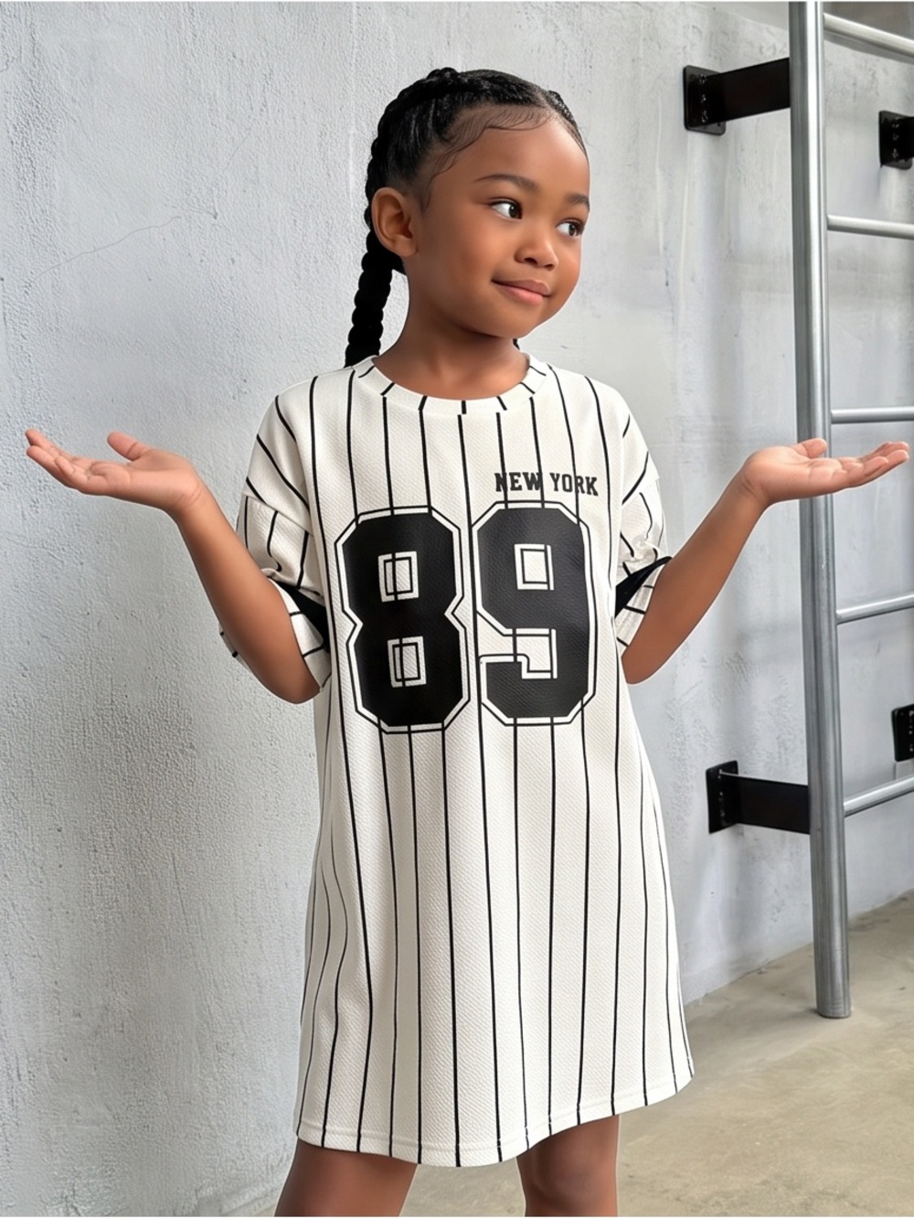 Girls' White Pinstripe Jersey Dress with Black 89 Graphic - New York